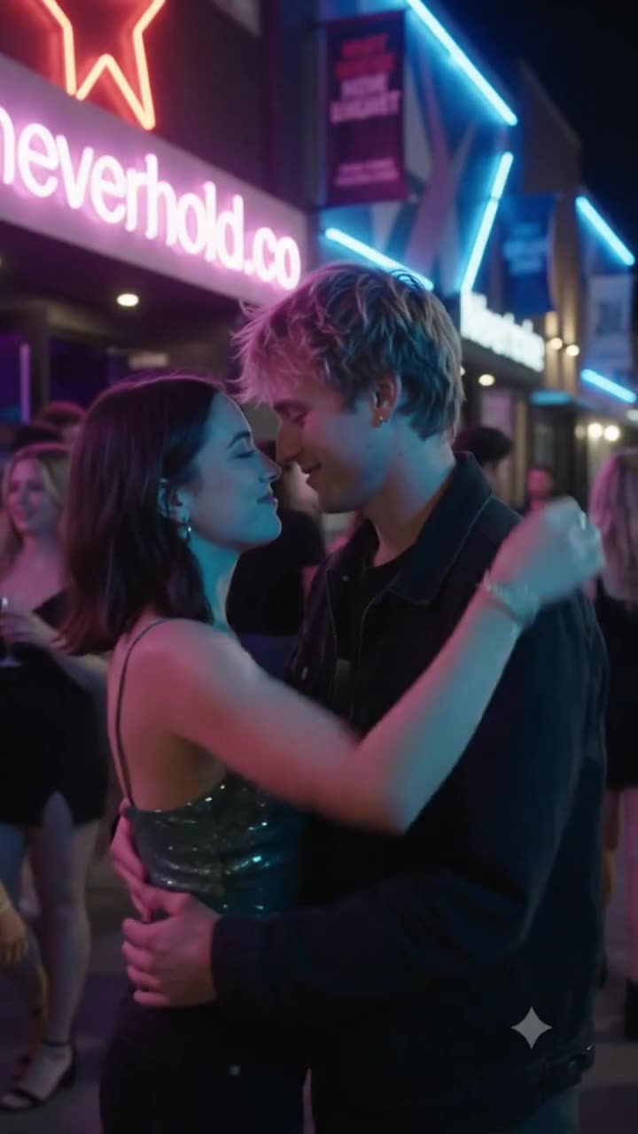 Two people embrace outside a neon-lit nightclub.